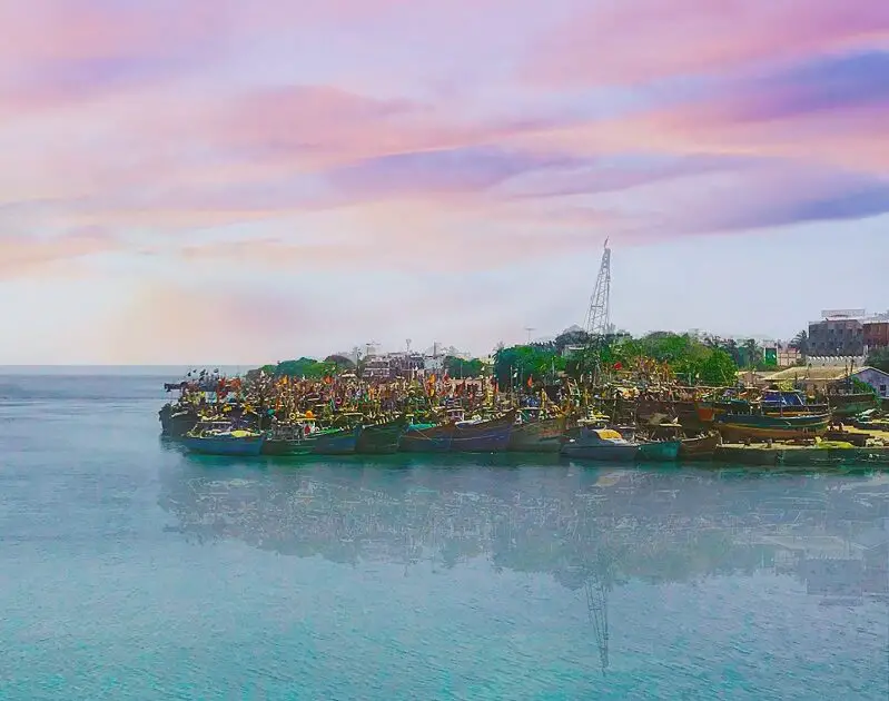 View of fishing boats from Diu bridge