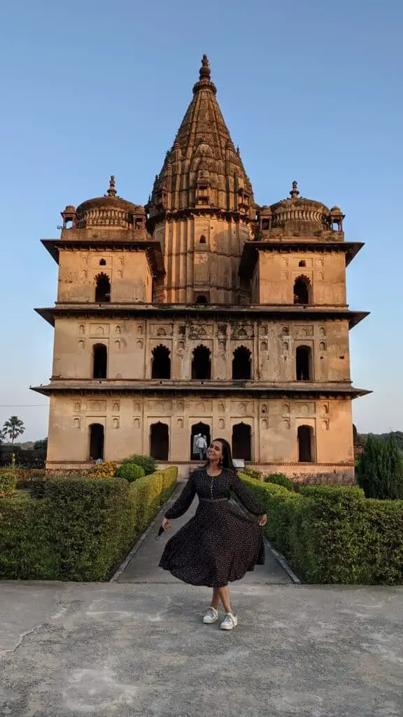 Posing in front of one of the Orchha Chhatris