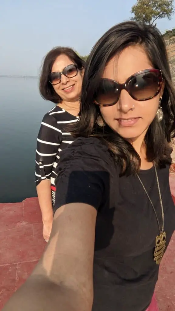 Selfie with mom at Narmada ghat, Maheshwar