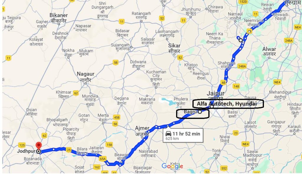 Map: Gurgaon - Bagru-Alfa autotech-Jodhpur