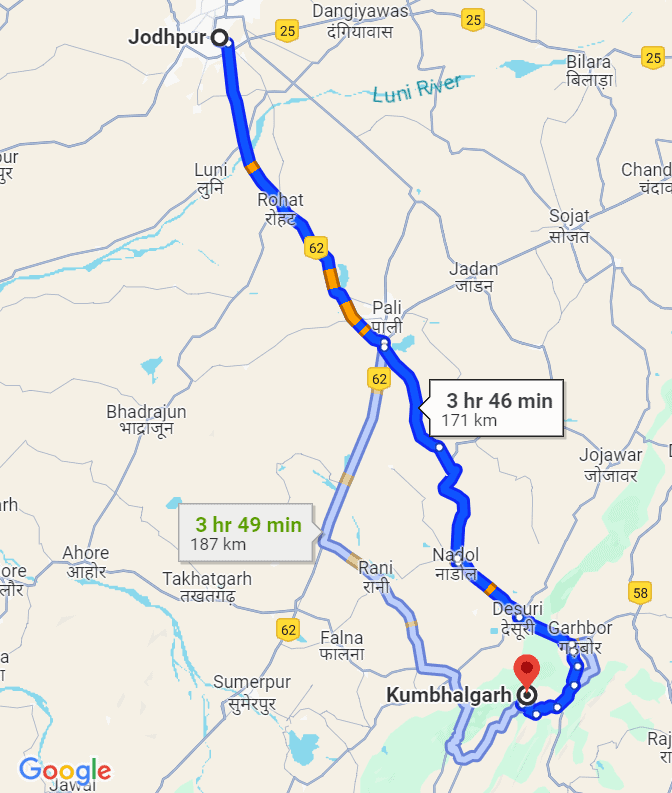 Route options for Jodhpur to Kumbalgarh