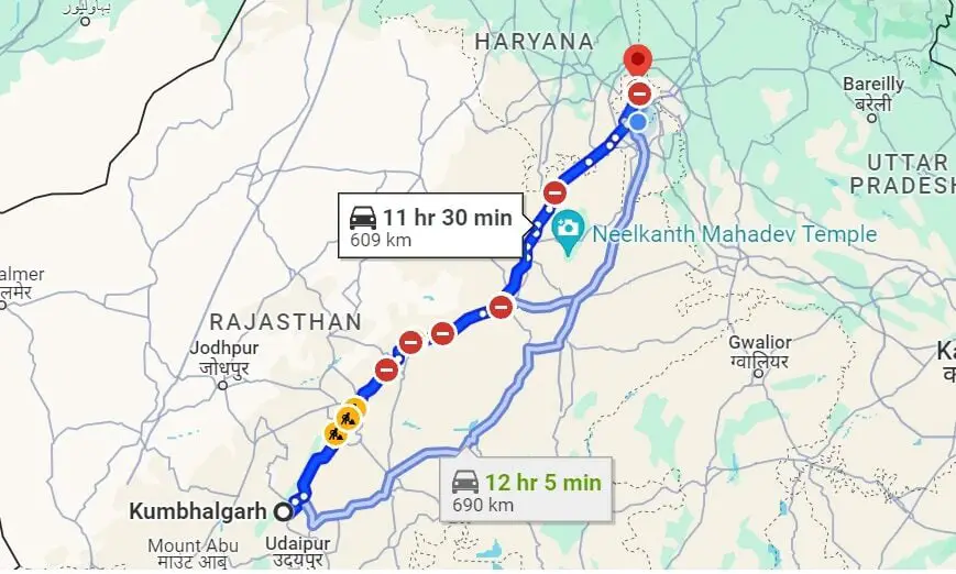 Map from Kumbhalgarh to Delhi